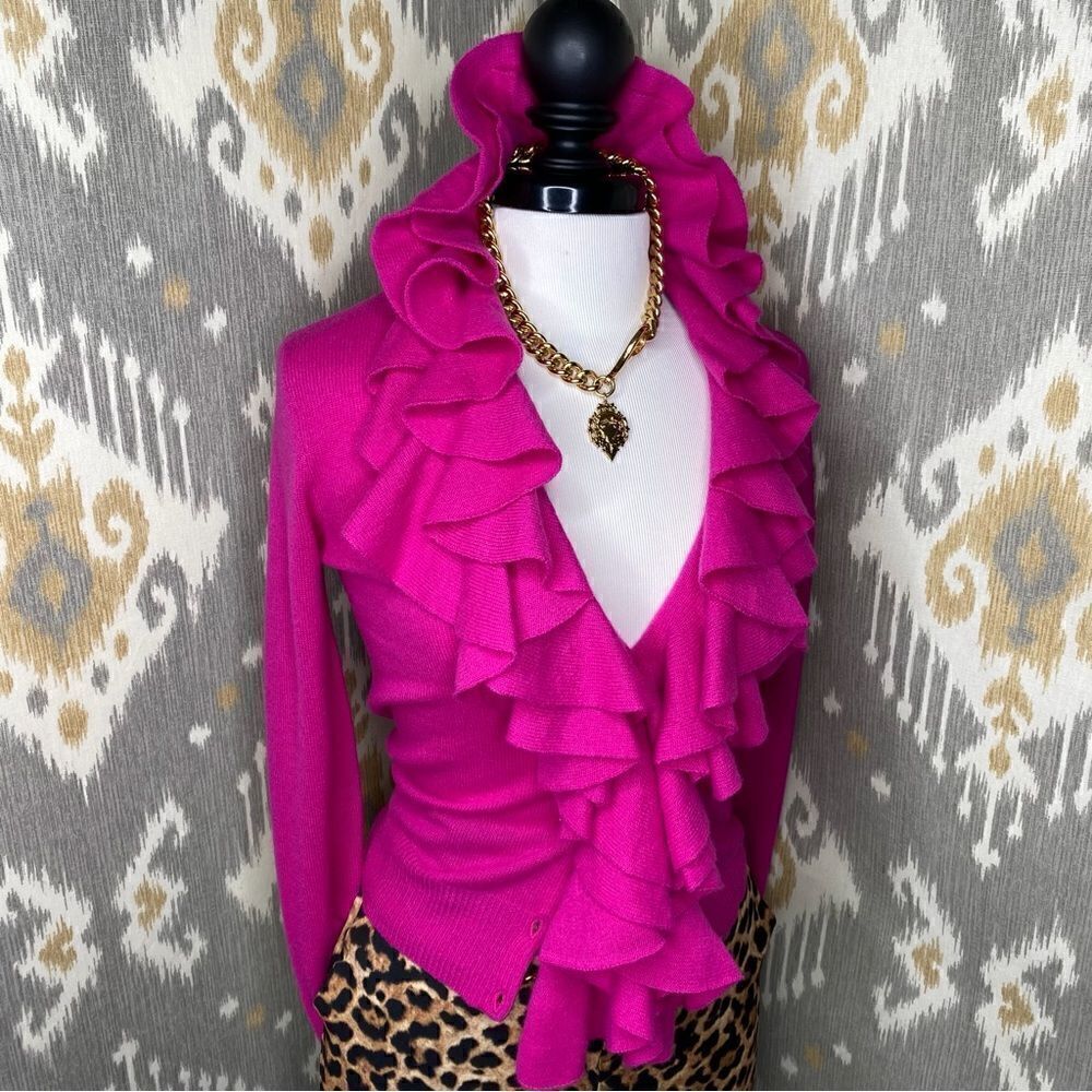 Ralph Lauren Blue Label Fuchsia Italian Cashmere Ruffle Front Cardigan Sweater - Picture 5 of 16